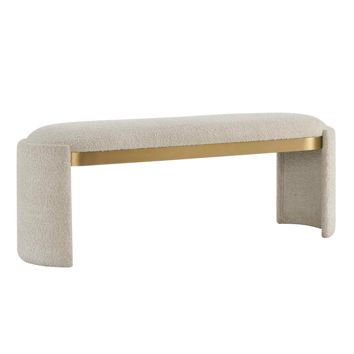 Beige upholstered bench with gold metal frame