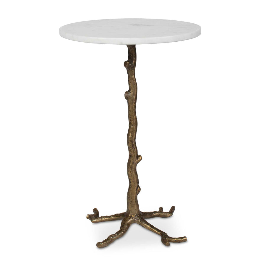 small round marble top side table with a metal branch base