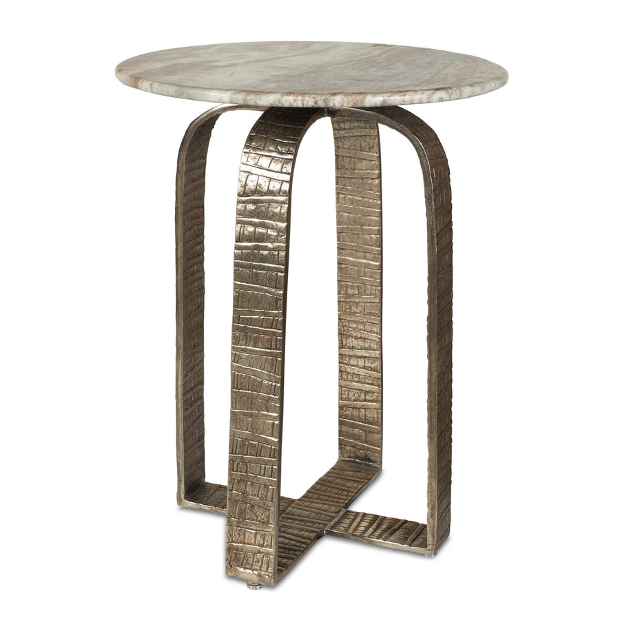 Round side table with textured metal frame and marble-like top on a neutral surface