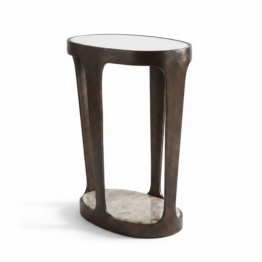 dark bronze oval side table with a beige marble-like base and glass top