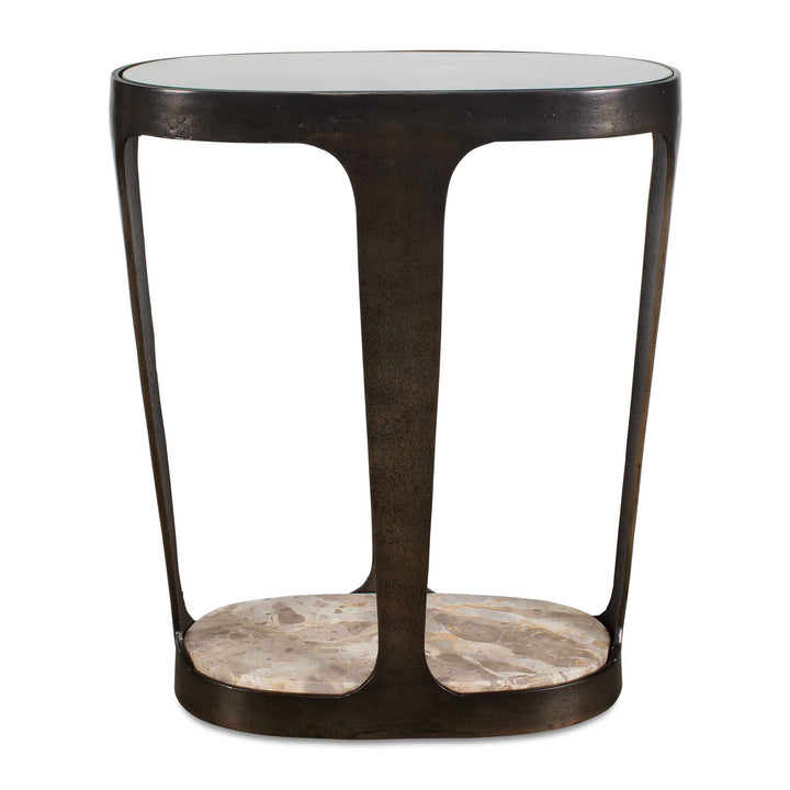 Side table with marble base and glass top on a white background