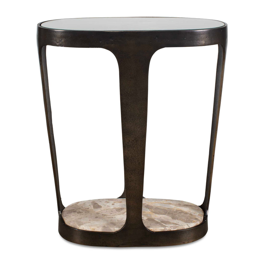 Side table with marble base and glass top on a white background