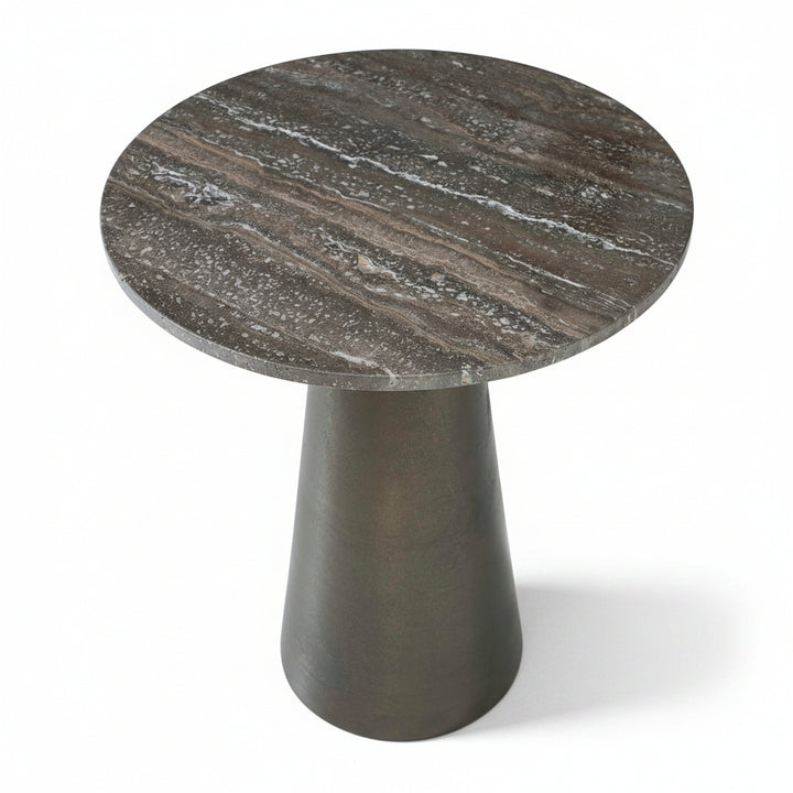 Round marble table with a cylindrical base on a white background