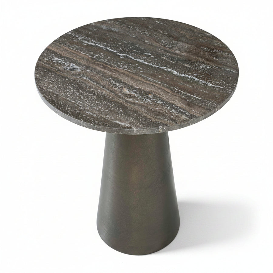 Round marble table with a cylindrical base on a white background