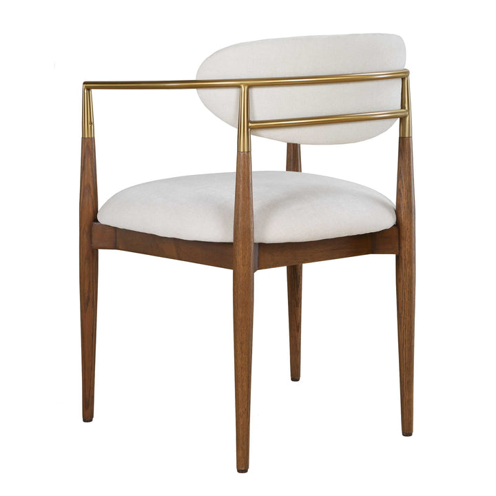 dining chairs with white cushioned seat and backrest, gold frame, and wooden legs