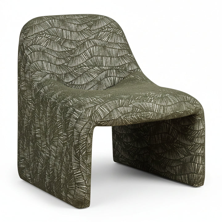 A molded accent chair with a textured olive green and off-white leaf pattern