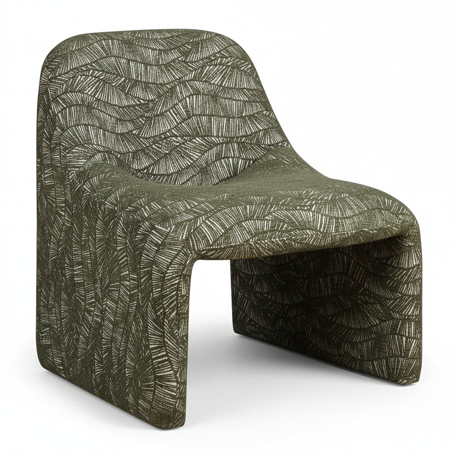 A molded accent chair with a textured olive green and off-white leaf pattern