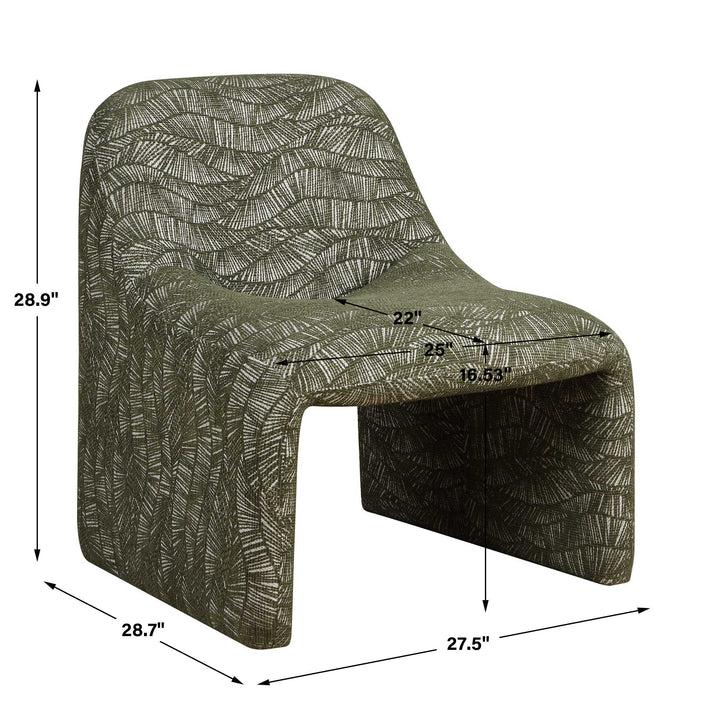 A molded accent chair with a textured olive green and off-white leaf pattern, shown with black dimension lines and labels indicating its height, width, and depth measurements.
