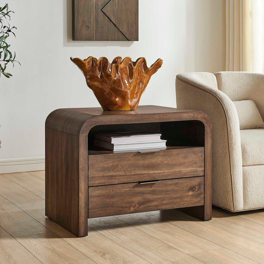 A dark brown wooden end table with two drawers and an open shelf