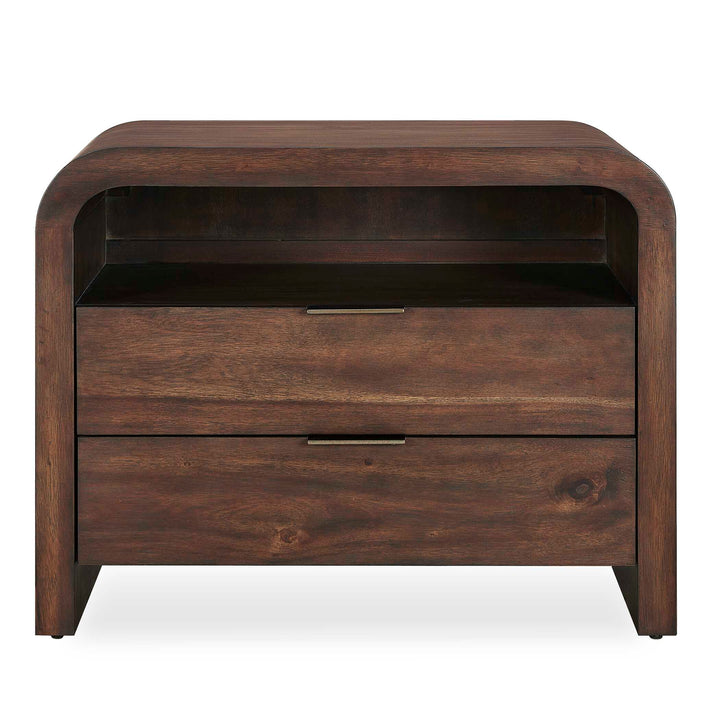 A dark brown wooden nightstand with two drawers and a curved open shelf on top