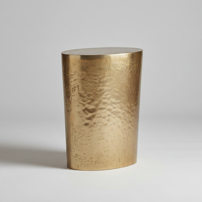A tapered oval side table with a metallic gold finish, shown on a light gray studio background.