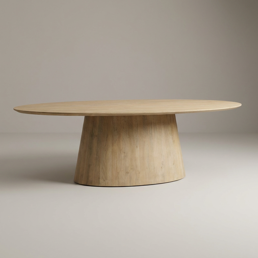An oval wooden dining table with a light natural wood grain finish, featuring a wide flared pedestal base, shown against a neutral light gray studio background.