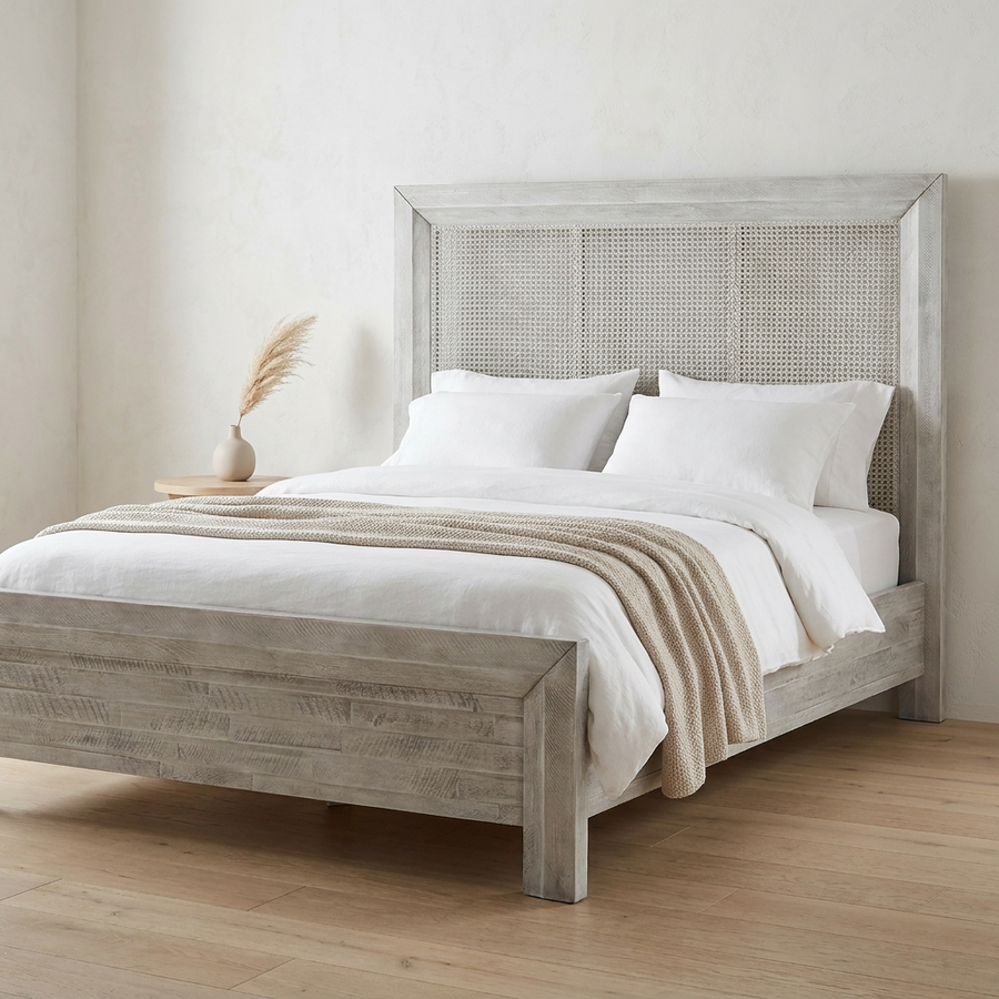 GEORGIA GREY WASH CANE PANEL BED