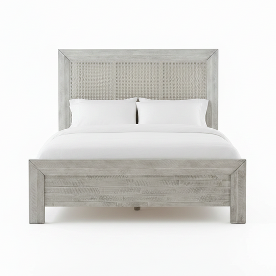 Gray wooden bed with white bedding on a white background