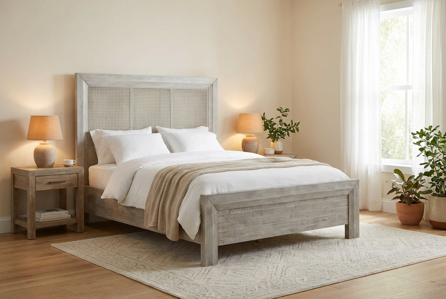 GEORGIA GREY WASH CANE PANEL BED