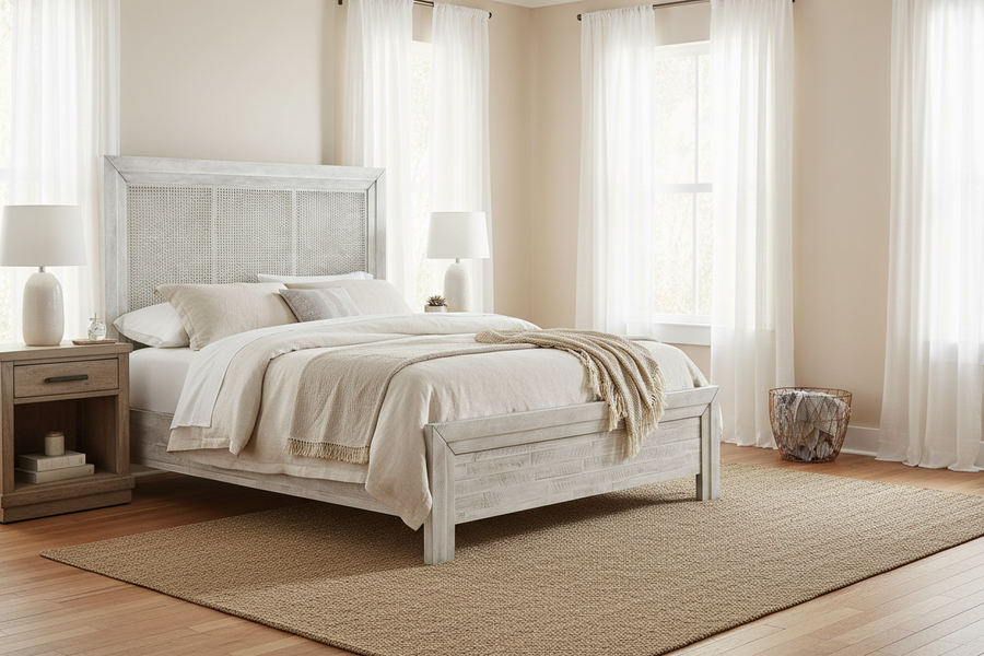 GEORGIA GREY WASH CANE PANEL BED