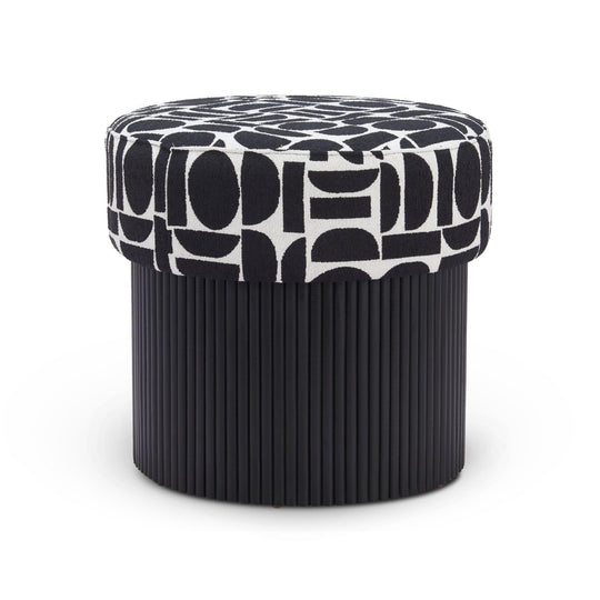 Black and white patterned ottoman on a white background