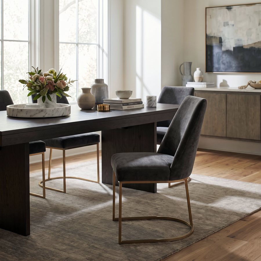Modern dining room with a dark wood table, velvet chairs with gold legs, and a neutral area rug in a bright, airy space.