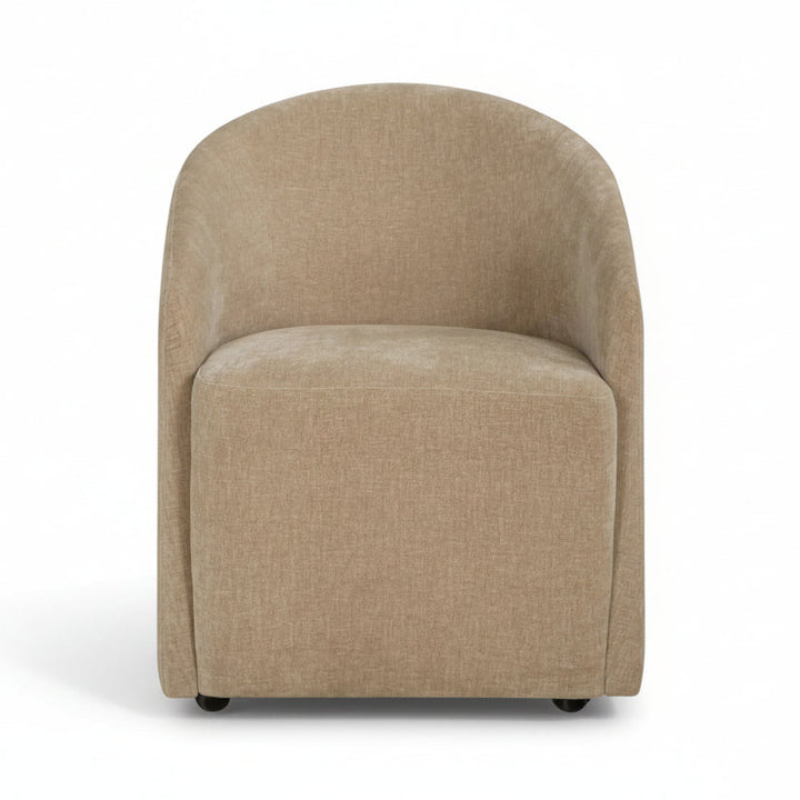 armchair, rounded backrest, modern minimalist design, black caster wheels