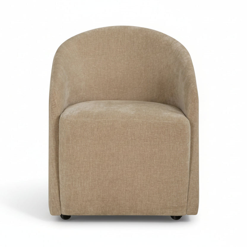 armchair, rounded backrest, modern minimalist design, black caster wheels