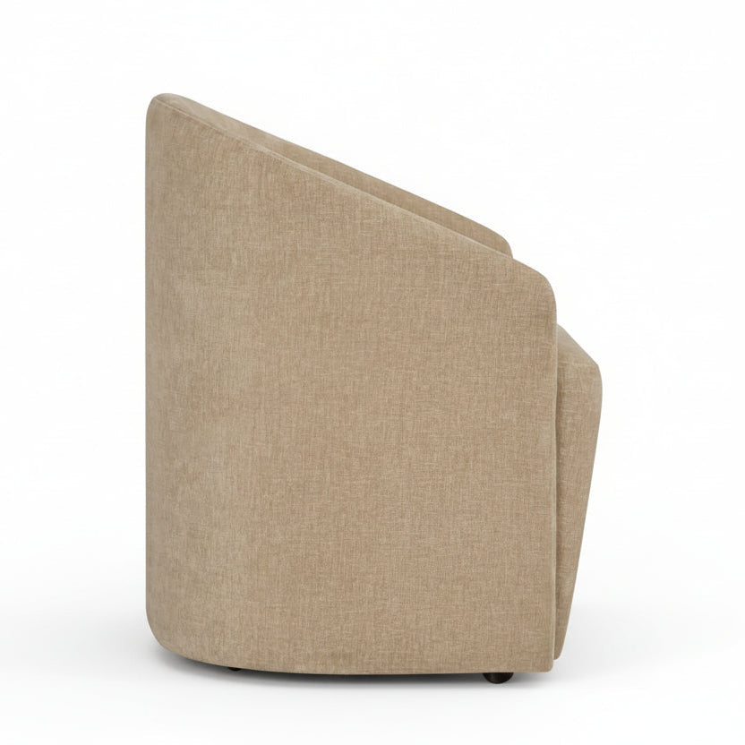 beige upholstered armchair, rounded backrest, modern design, fabric texture, compact size, black caster wheels, minimalist style, neutral tone, comfortable seating, studio product shot