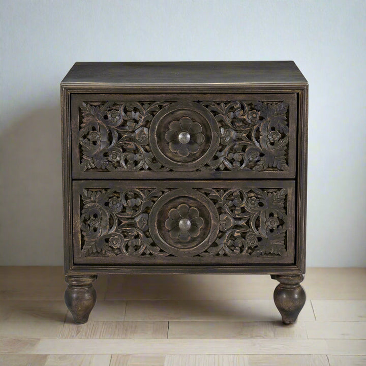 HAVELI FLORAL MOTIF CARVED WOOD NIGHTSTAND