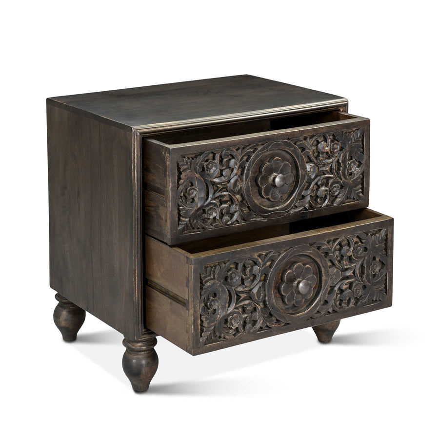 HAVELI FLORAL MOTIF CARVED WOOD NIGHTSTAND