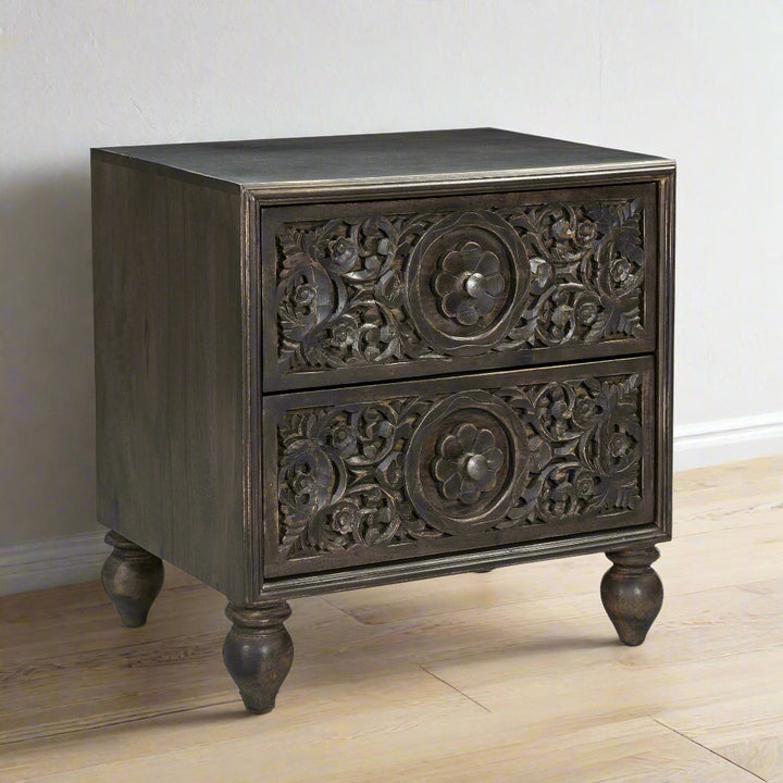 HAVELI FLORAL MOTIF CARVED WOOD NIGHTSTAND