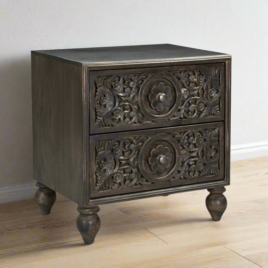 HAVELI FLORAL MOTIF CARVED WOOD NIGHTSTAND