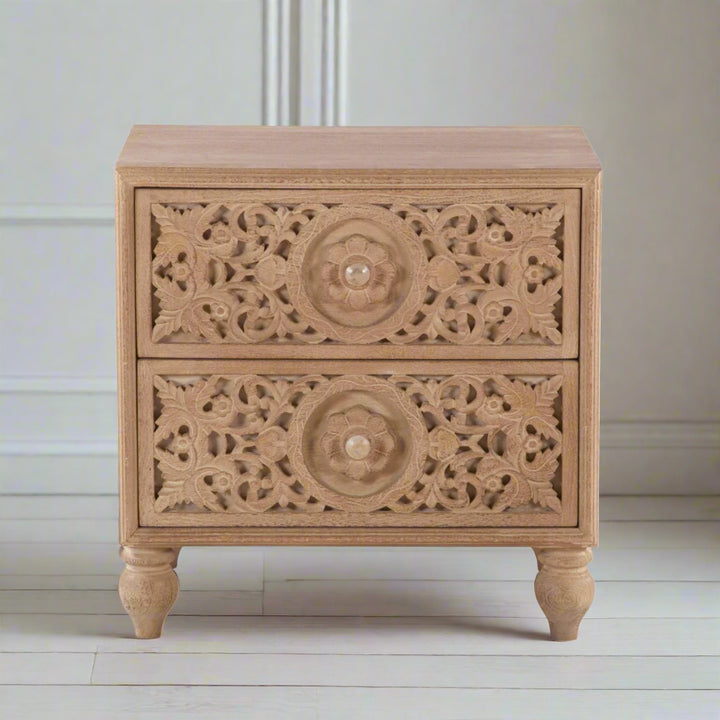 HAVELI FLORAL MOTIF CARVED WOOD NIGHTSTAND