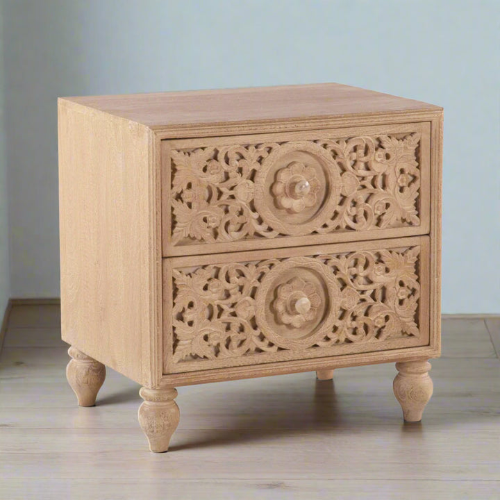 HAVELI FLORAL MOTIF CARVED WOOD NIGHTSTAND