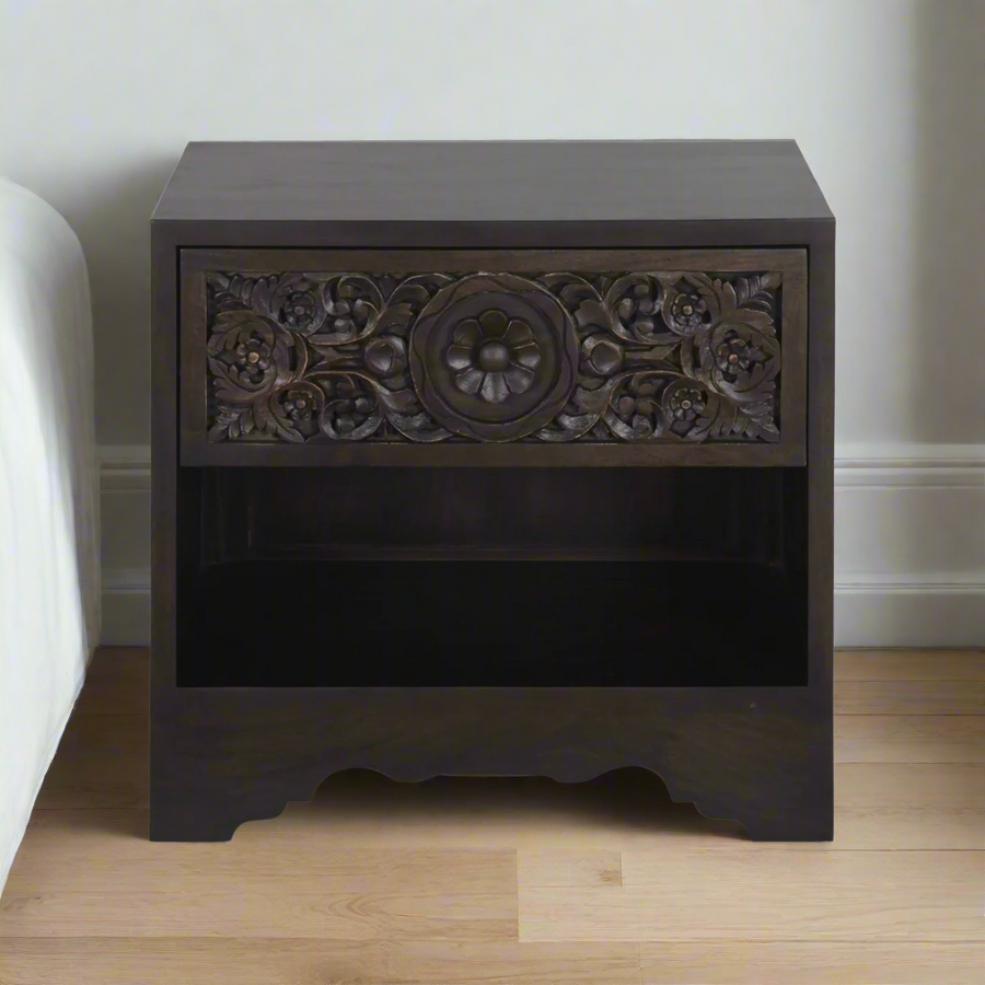 HAVELI 1-DRAWER CARVED WOOD NIGHTSTAND