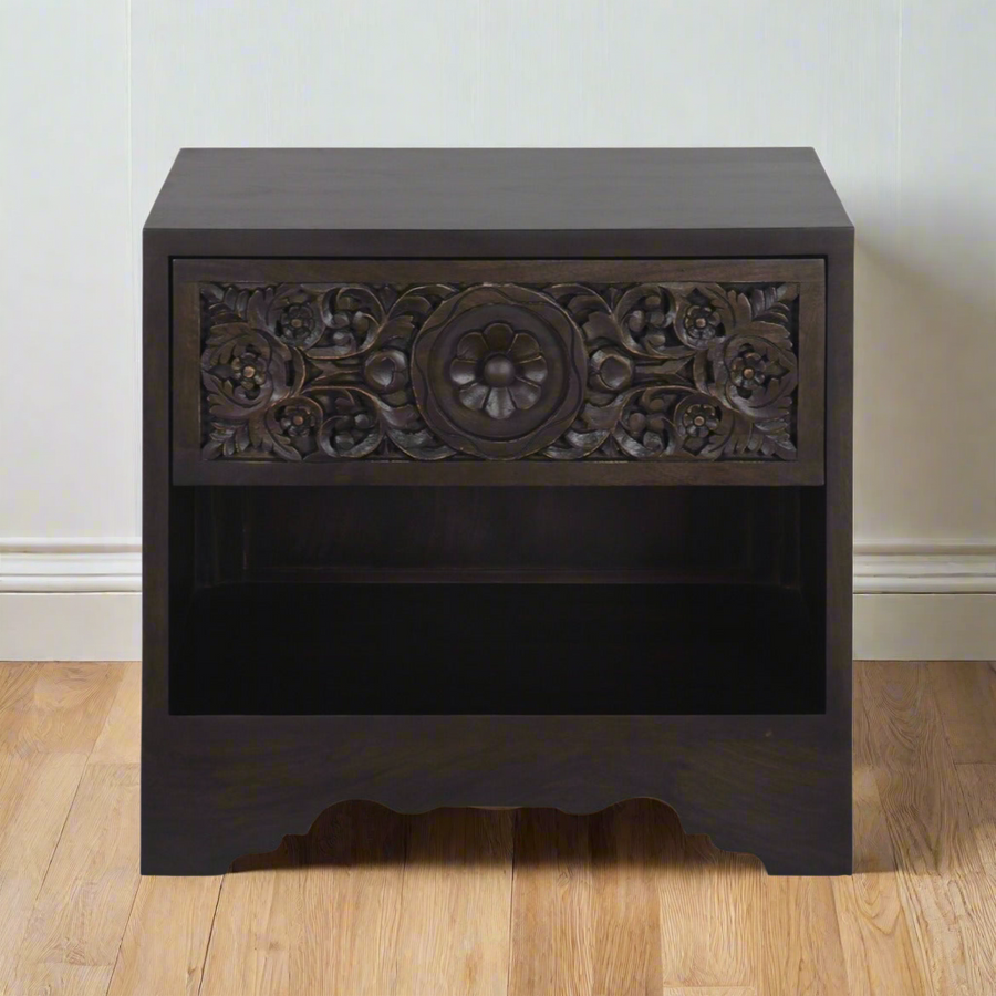 HAVELI 1-DRAWER CARVED WOOD NIGHTSTAND