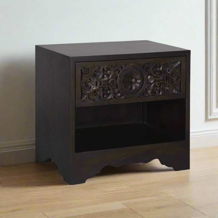 HAVELI 1-DRAWER CARVED WOOD NIGHTSTAND
