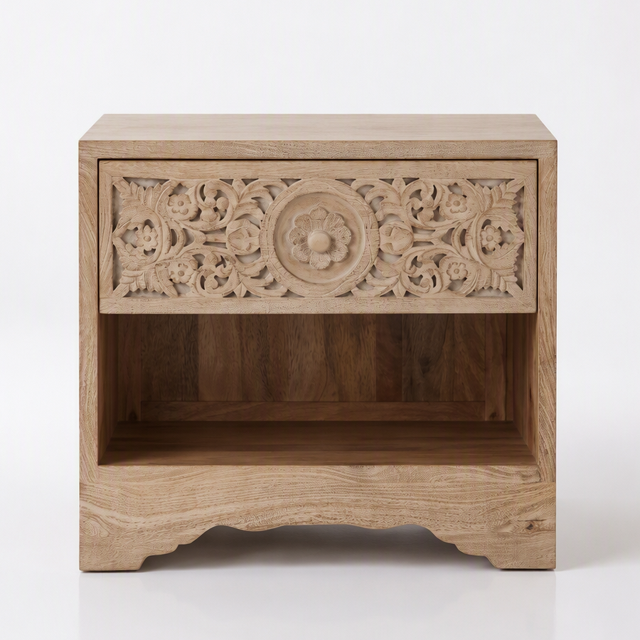 HAVELI 1-DRAWER CARVED WOOD NIGHTSTAND