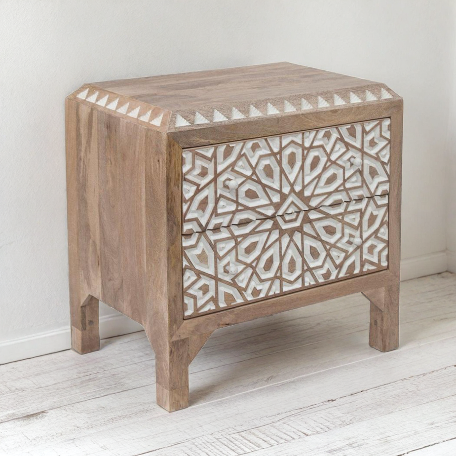 HAVELI GEOMETRIC MOTIF CARVED WOOD NIGHTSTAND