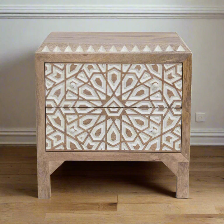 HAVELI GEOMETRIC MOTIF CARVED WOOD NIGHTSTAND