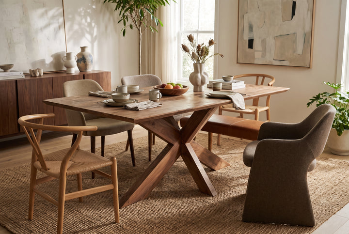 Modern dining room with a wooden cross-leg table, mixed seating styles, and neutral decor in a bright, airy space.