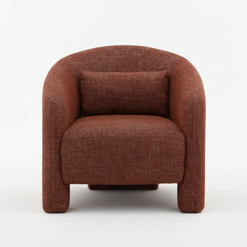 rust-colored armchair, rounded barrel shape, textured fabric upholstery