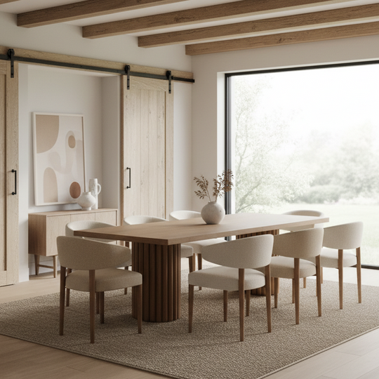 Modern dining room with wooden table and chairs in a bright room.