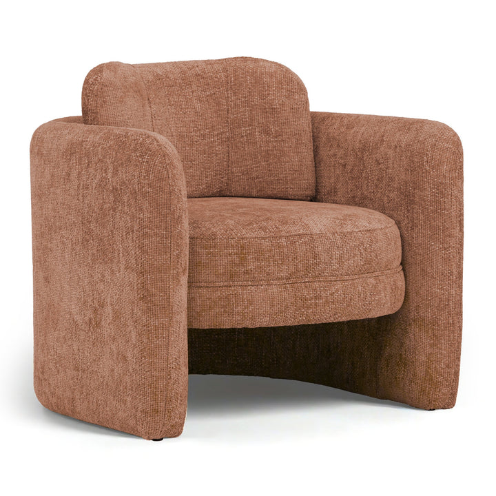 brown armchair, rounded edges, plush cushioned seat, modern minimalist design, curved backrest, sturdy square legs, cozy comfortable seating
