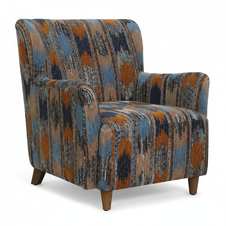 Patterned armchair with blue, orange, and brown colors on a white background