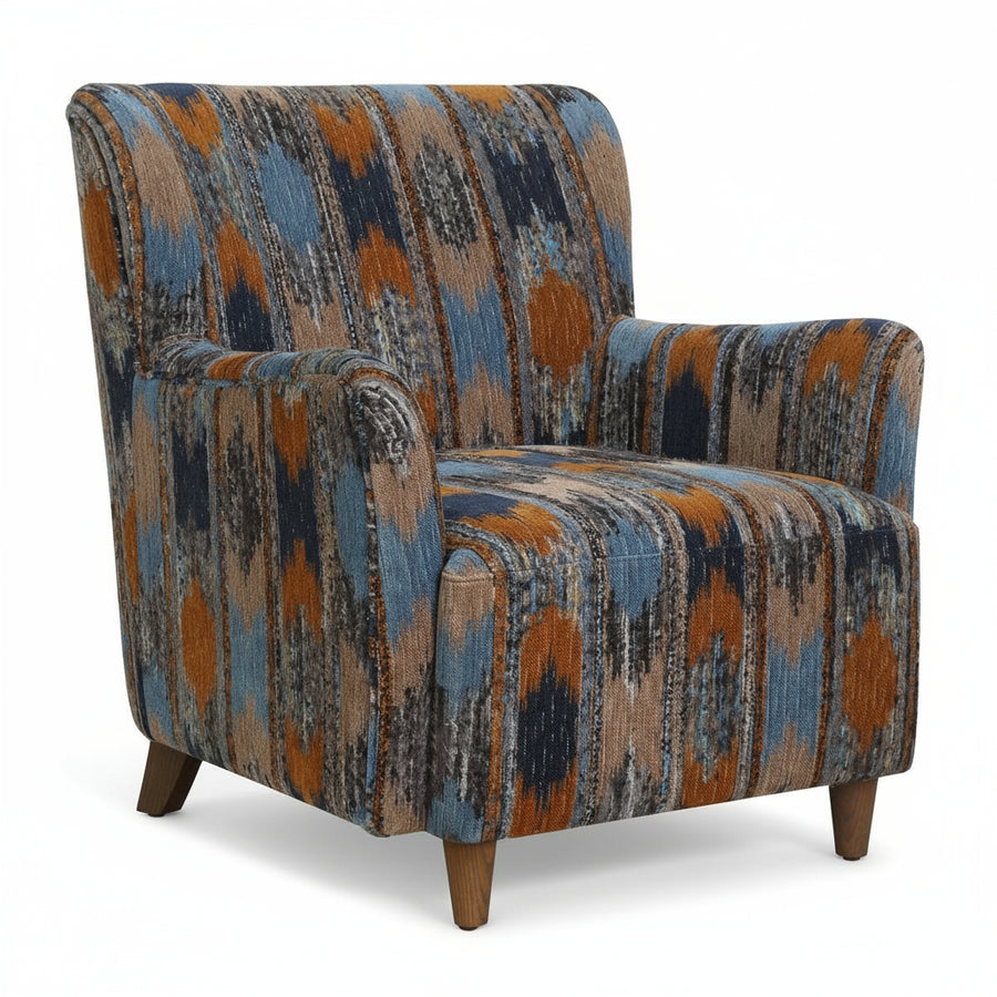 Patterned armchair with blue, orange, and brown colors on a white background