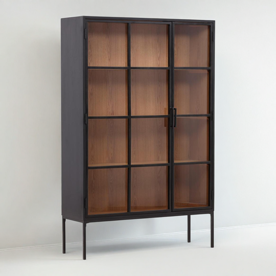 Cabinet with glass doors and wooden panels on a white background