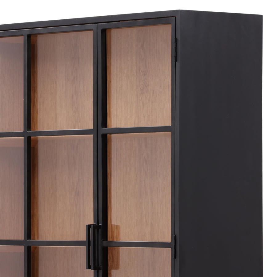 Cabinet with glass panels and black frame on a white background