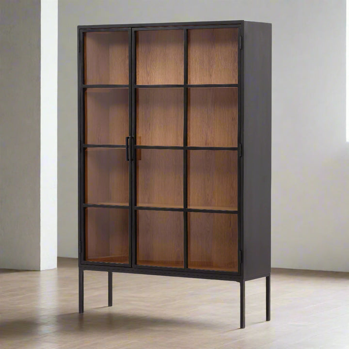 Cabinet with glass doors and wooden shelves on a white background