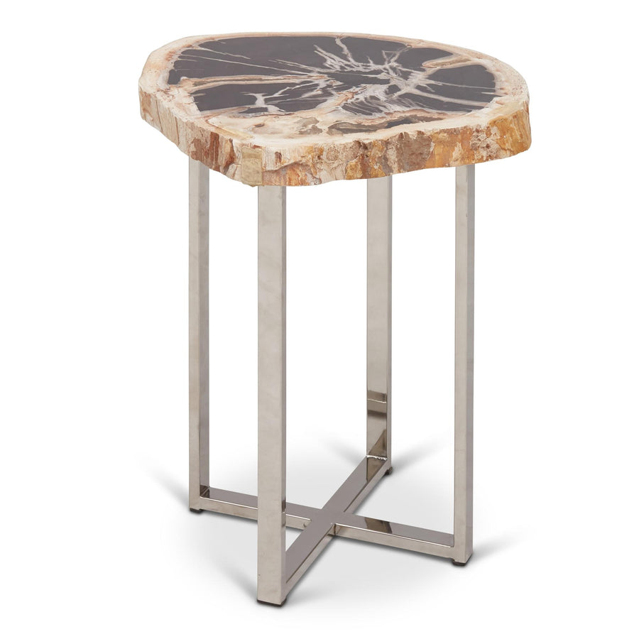 RELIQUE ELIZA POLISHED STAINLESS STEEL BASE END TABLE - NATURAL DARK - FRONT VIEW