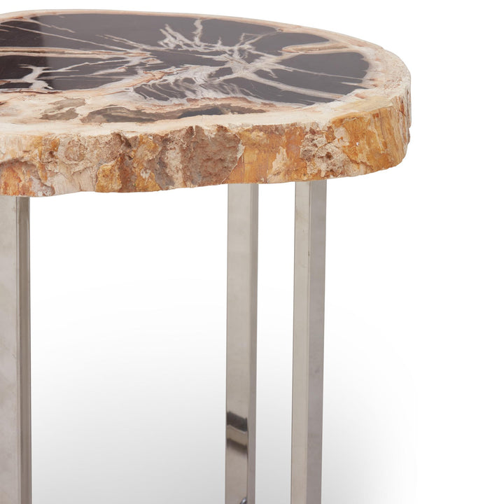 RELIQUE ELIZA POLISHED STAINLESS STEEL BASE END TABLE - NATURAL DARK - CLOSE VIEW