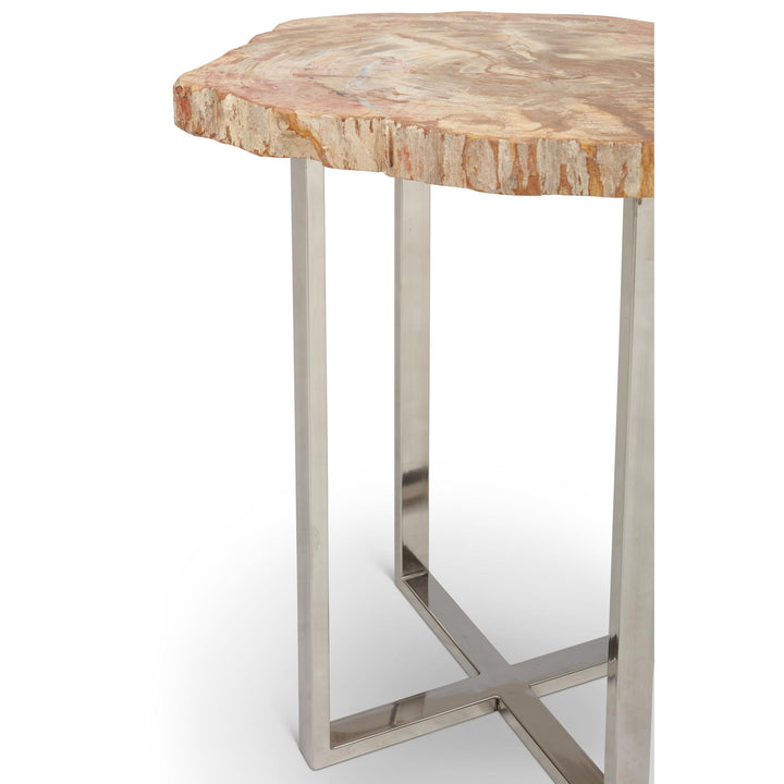 RELIQUE ELIZA POLISHED STAINLESS STEEL BASE END TABLE - NATURAL LIGHT - CLOSE VIEW