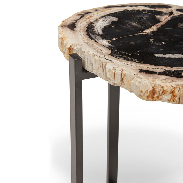 RELIQUE MILO SOLID NATURAL EDGE PETRIFIED WOOD END TABLE - NATURAL DARK - LEG VIEW